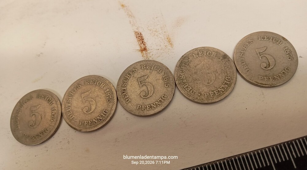 Set of 5 Germany 1875 5 Pfennig German Empire Coins Circulated